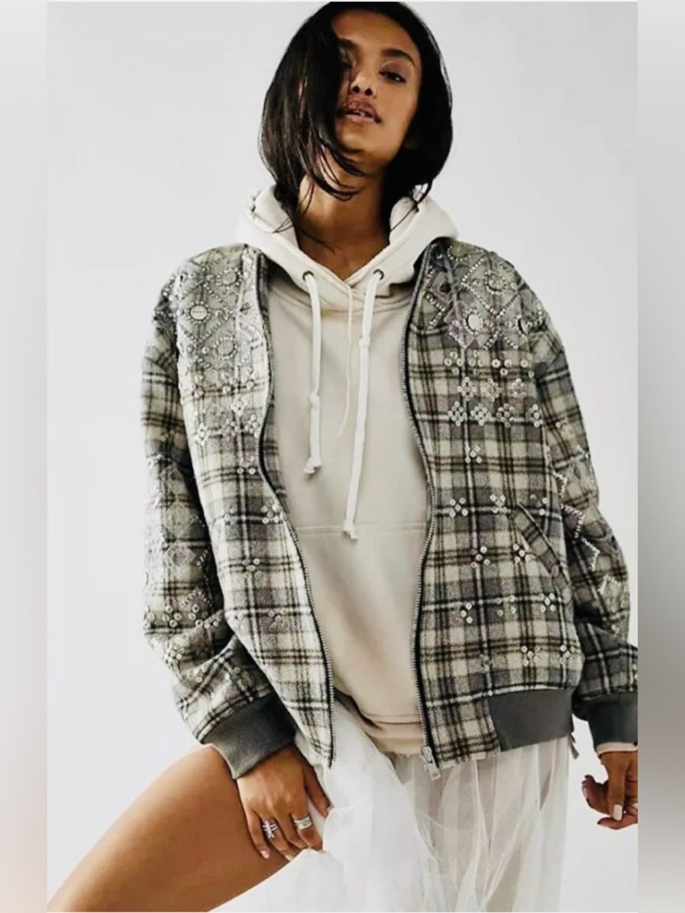 NWT Free People Louie Plaid embellished bomber jacket